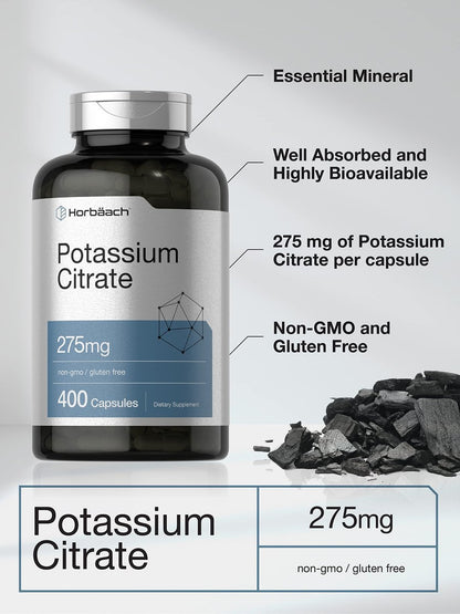 Horbäach Kaliumcitrat 275 mg | 400 Kapseln | Non-GMO, Glutenfrei