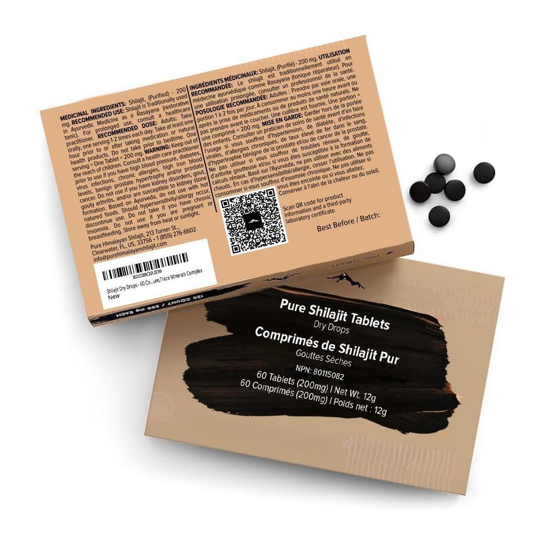 Reines Himalaya Shilajit | 100% reines natürliches Shilajit Grade A Max Potency 85+ Spurenelemente & Fulvinsäure | 3rd Party US Labor getestet | Trockene Tropfen | 12g (60 Stück)