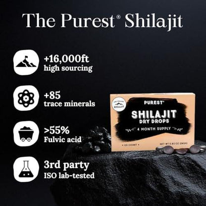 Reines Himalaya Shilajit | 100% reines natürliches Shilajit Grade A Max Potency 85+ Spurenelemente & Fulvinsäure | 3rd Party US Labor getestet | Trockene Tropfen | 12g (60 Stück)