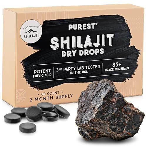 Reines Himalaya Shilajit | 100% reines natürliches Shilajit Grade A Max Potency 85+ Spurenelemente & Fulvinsäure | 3rd Party US Labor getestet | Trockene Tropfen | 12g (60 Stück)