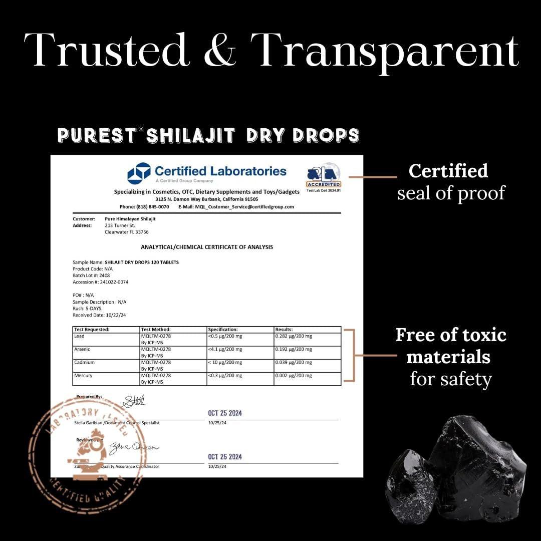 Reines Himalaya Shilajit | 100% reines natürliches Shilajit Grade A Max Potency 85+ Spurenelemente & Fulvinsäure | 3rd Party US Labor getestet | Trockene Tropfen | 12g (60 Stück)