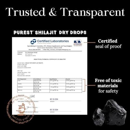 Reines Himalaya Shilajit | 100% reines natürliches Shilajit Grade A Max Potency 85+ Spurenelemente & Fulvinsäure | 3rd Party US Labor getestet | Trockene Tropfen | 12g (60 Stück)