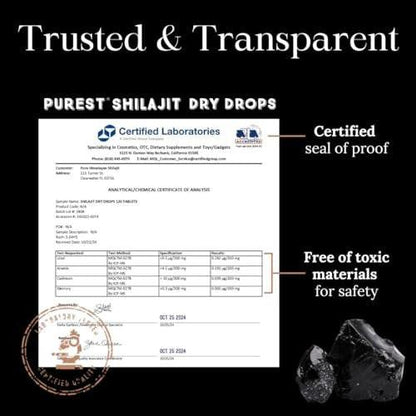 Reines Himalaya Shilajit | 100% reines natürliches Shilajit Grade A Max Potency 85+ Spurenelemente & Fulvinsäure | 3rd Party US Labor getestet | Trockene Tropfen | 12g (60 Stück)