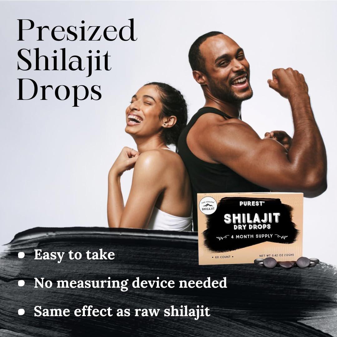 Reines Himalaya Shilajit | 100% reines natürliches Shilajit Grade A Max Potency 85+ Spurenelemente & Fulvinsäure | 3rd Party US Labor getestet | Trockene Tropfen | 12g (60 Stück)