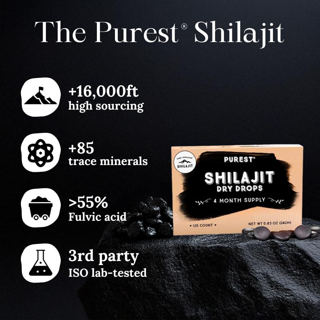 Reines Himalaya Shilajit | 100% reines natürliches Shilajit Grade A Max Potency 85+ Spurenelemente & Fulvinsäure | 3rd Party US Labor getestet | Trockene Tropfen | 12g (60 Stück)