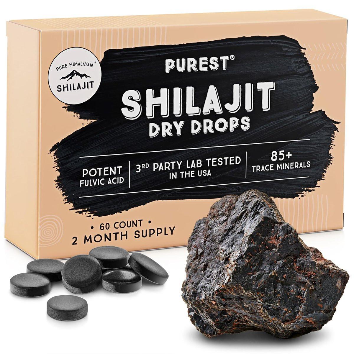 Reines Himalaya Shilajit | 100% reines natürliches Shilajit Grade A Max Potency 85+ Spurenelemente & Fulvinsäure | 3rd Party US Labor getestet | Trockene Tropfen | 12g (60 Stück)