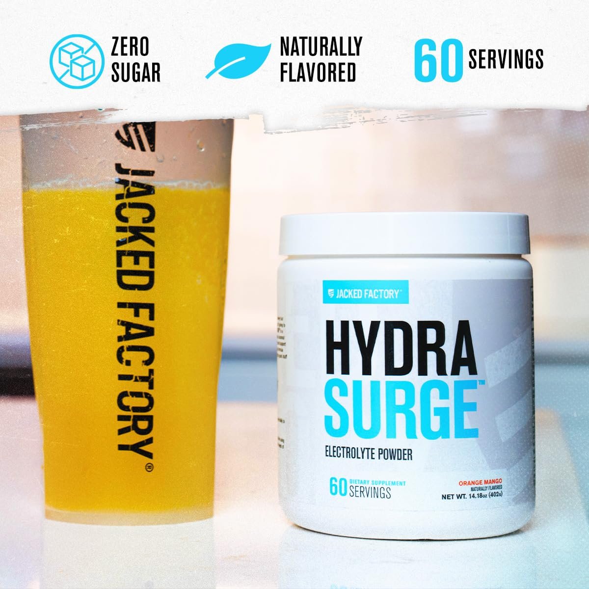 Jacked Factory HYDRASURGE Elektrolytpulver – Hydrationspräparat mit Mineralien, Himalaya-Salz, Kokoswasser – Keto-freundlich, zuckerfrei, natürlich gesüßt – 60 Portionen, Orange Mango