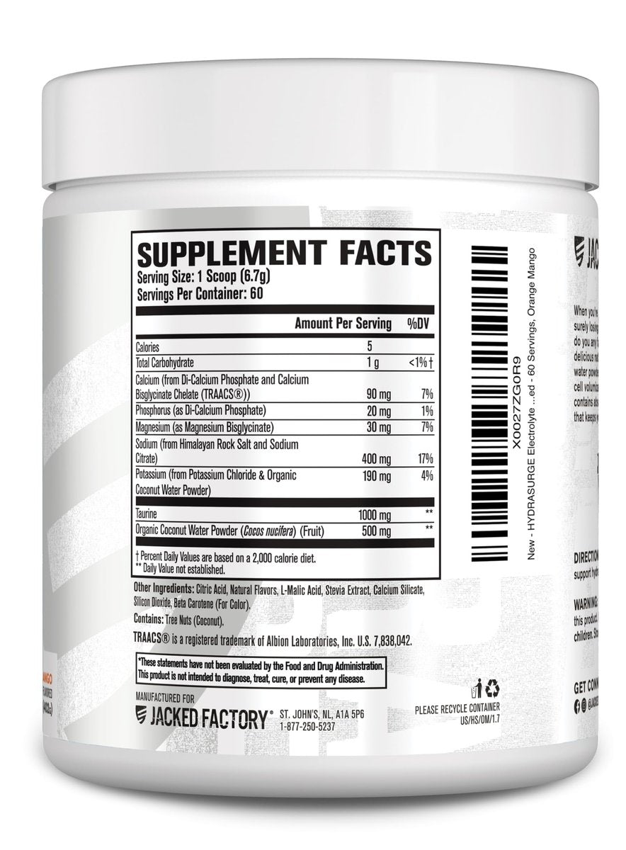 Jacked Factory HYDRASURGE Elektrolytpulver – Hydrationspräparat mit Mineralien, Himalaya-Salz, Kokoswasser – Keto-freundlich, zuckerfrei, natürlich gesüßt – 60 Portionen, Orange Mango