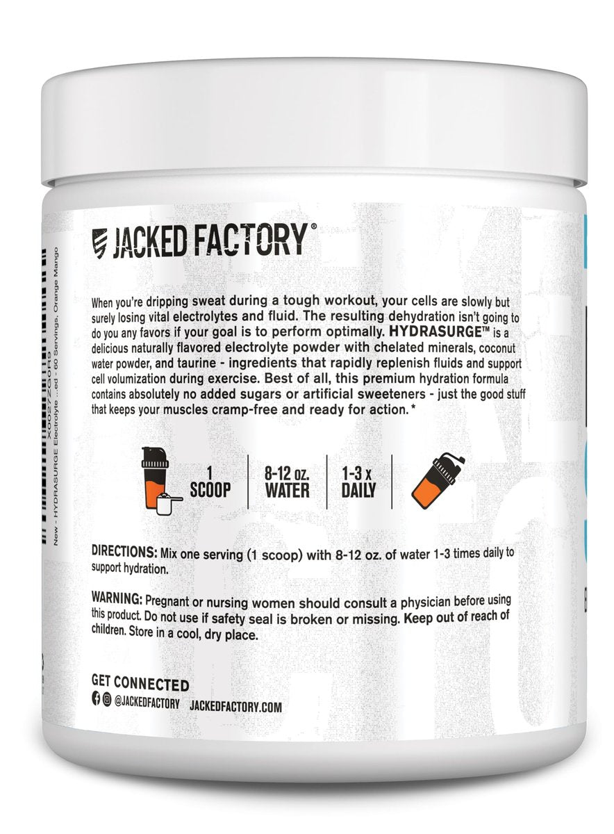 Jacked Factory HYDRASURGE Elektrolytpulver – Hydrationspräparat mit Mineralien, Himalaya-Salz, Kokoswasser – Keto-freundlich, zuckerfrei, natürlich gesüßt – 60 Portionen, Orange Mango