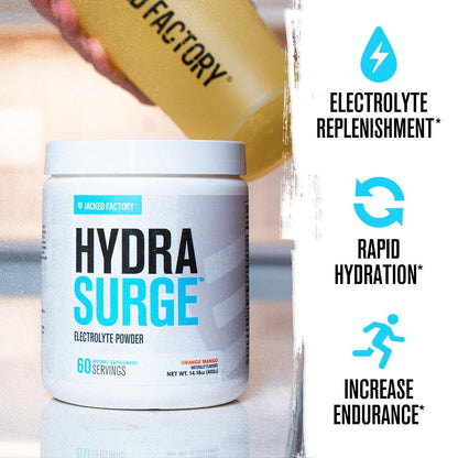 Jacked Factory HYDRASURGE Elektrolytpulver – Hydrationspräparat mit Mineralien, Himalaya-Salz, Kokoswasser – Keto-freundlich, zuckerfrei, natürlich gesüßt – 60 Portionen, Orange Mango