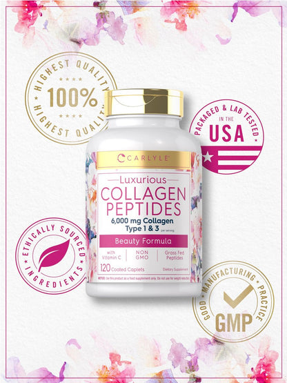 Carlyle Kollagenpeptide mit Vitamin C | 6000 mg | 120 Kapseln | Grass-fed Typ II & III | Schönheitsformel | Nicht-GVO, glutenfrei