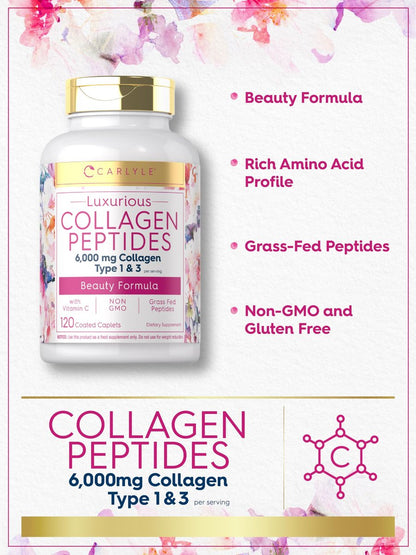 Carlyle Kollagenpeptide mit Vitamin C | 6000 mg | 120 Kapseln | Grass-fed Typ II & III | Schönheitsformel | Nicht-GVO, glutenfrei