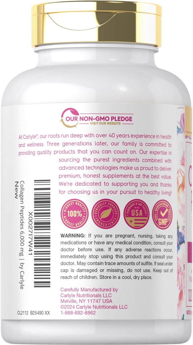 Carlyle Kollagenpeptide mit Vitamin C | 6000 mg | 120 Kapseln | Grass-fed Typ II & III | Schönheitsformel | Nicht-GVO, glutenfrei