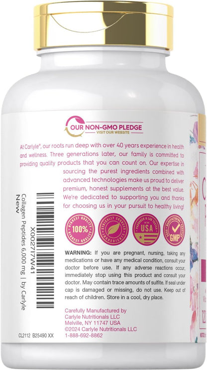 Carlyle Kollagenpeptide mit Vitamin C | 6000 mg | 120 Kapseln | Grass-fed Typ II & III | Schönheitsformel | Nicht-GVO, glutenfrei