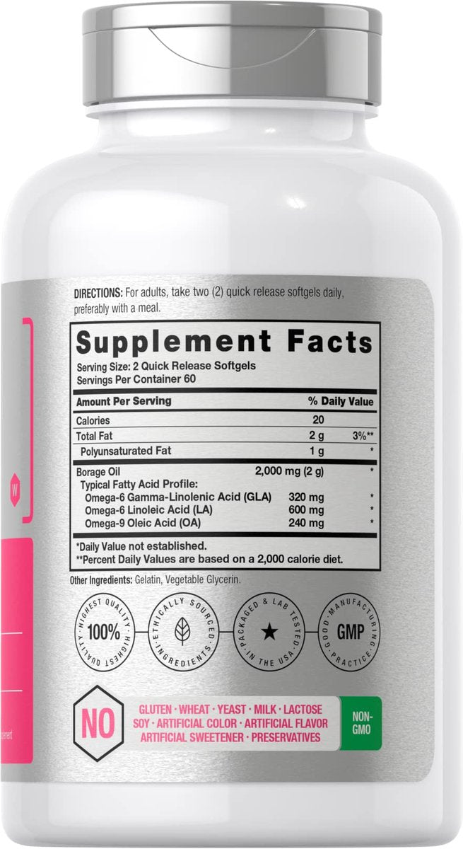 Horbäach Borretschöl Kapseln 2000 mg | 120 Softgels | 320 mg GLA | Kaltgepresstes Samenöl Nahrungsergänzungsmittel