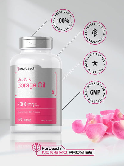 Horbäach Borretschöl Kapseln 2000 mg | 120 Softgels | 320 mg GLA | Kaltgepresstes Samenöl Nahrungsergänzungsmittel