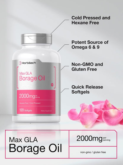 Horbäach Borretschöl Kapseln 2000 mg | 120 Softgels | 320 mg GLA | Kaltgepresstes Samenöl Nahrungsergänzungsmittel