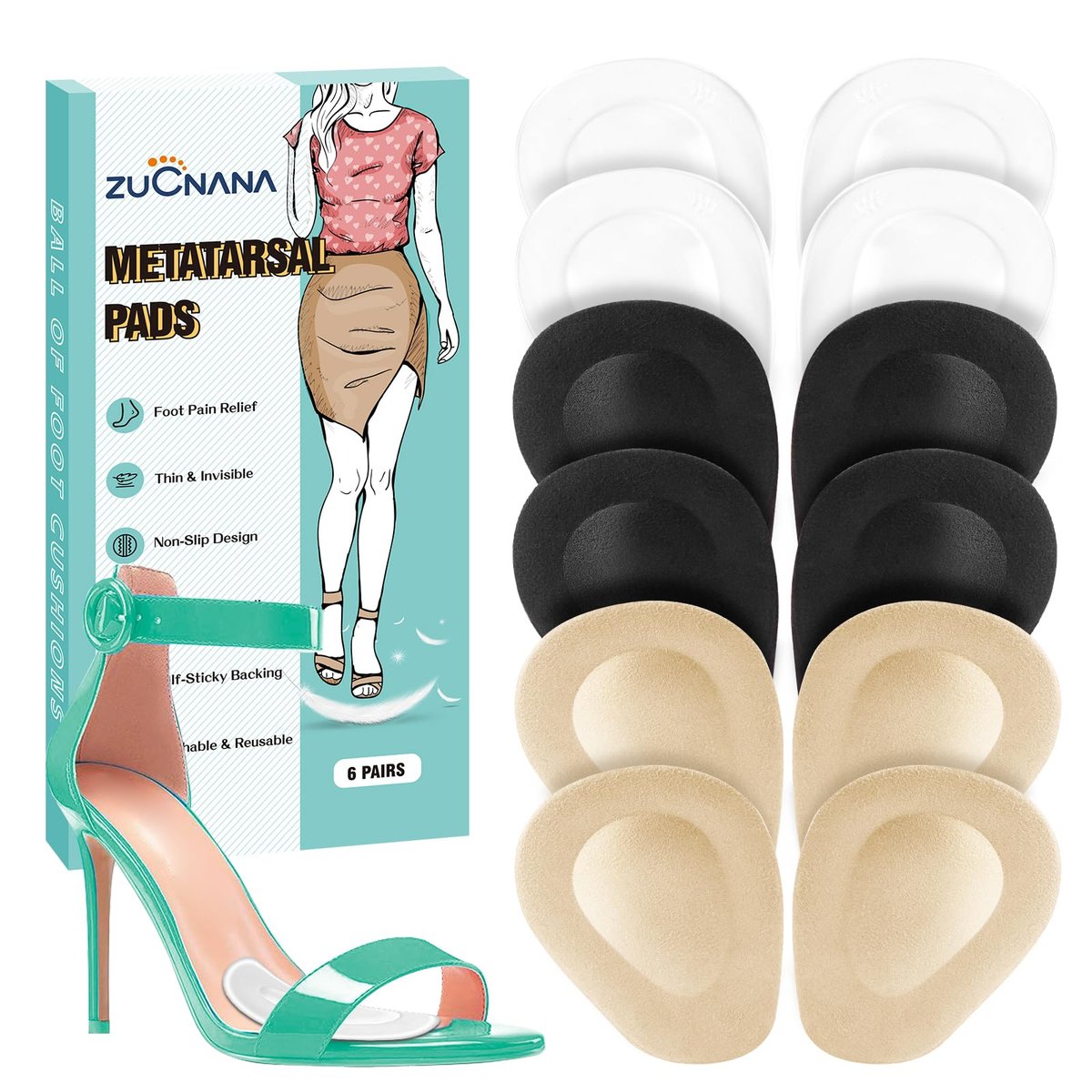 ZUCNANA Metatarsal-Pads für Frauen (12 Stück) – Ballenpolster für hohe Schuhe, weiche Gel-Einlagen zur Schmerzlinderung, rutschfest, Einheitsgröße