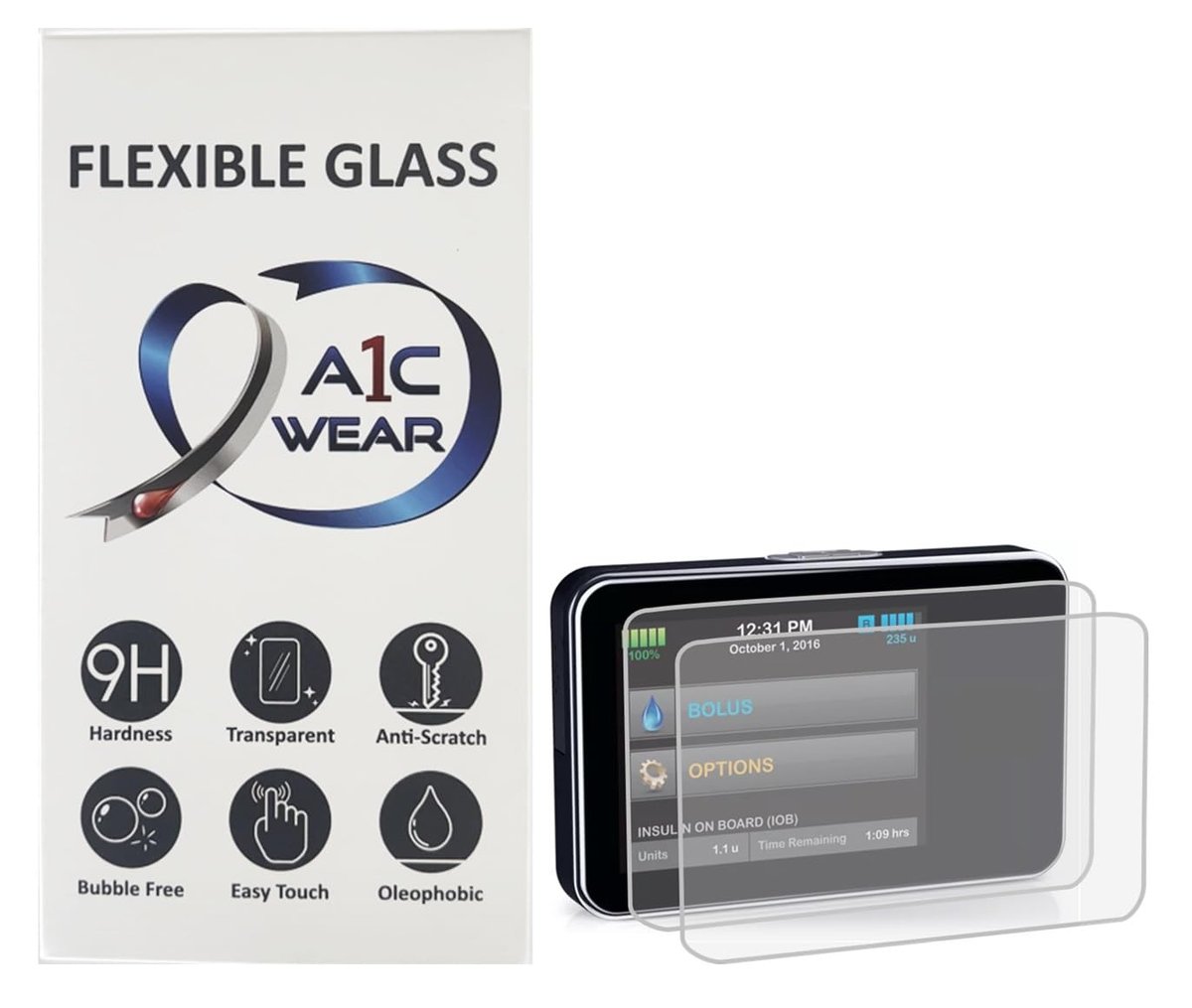 A1C WEAR 9H Flexible Glass Screen Protector für Tandem tSlim X2 und tFlex Insulinpumpen – 2er-Pack – Kratzfest und Fingerabdruckresistent