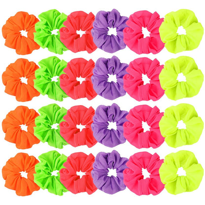 24-teiliges Neon-Scrunchies-Set für Haare – 80er-Jahre-Haargummis für Frauen, Halloween-Kostümzubehör, elastische Scrunchy-Bänder, einfarbig, für Pferdeschwanz