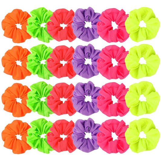 24-teiliges Neon-Scrunchies-Set für Haare – 80er-Jahre-Haargummis für Frauen, Halloween-Kostümzubehör, elastische Scrunchy-Bänder, einfarbig, für Pferdeschwanz