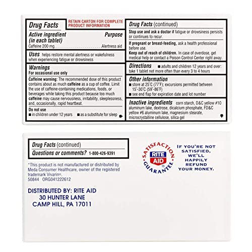 Rite Aid Stay Awake Tabletten Koffein, 200 mg – 100 Tabletten | Koffeinpillen | Koffeinpräparat | 200 mg Koffein Tabletten | Entspricht etwa einer Tasse Kaffee | Unterstützung der geistigen Wachheit | Energiepillen