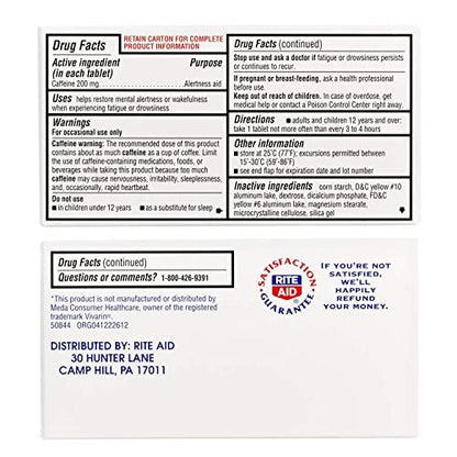 Rite Aid Stay Awake Tabletten Koffein, 200 mg – 100 Tabletten | Koffeinpillen | Koffeinpräparat | 200 mg Koffein Tabletten | Entspricht etwa einer Tasse Kaffee | Unterstützung der geistigen Wachheit | Energiepillen
