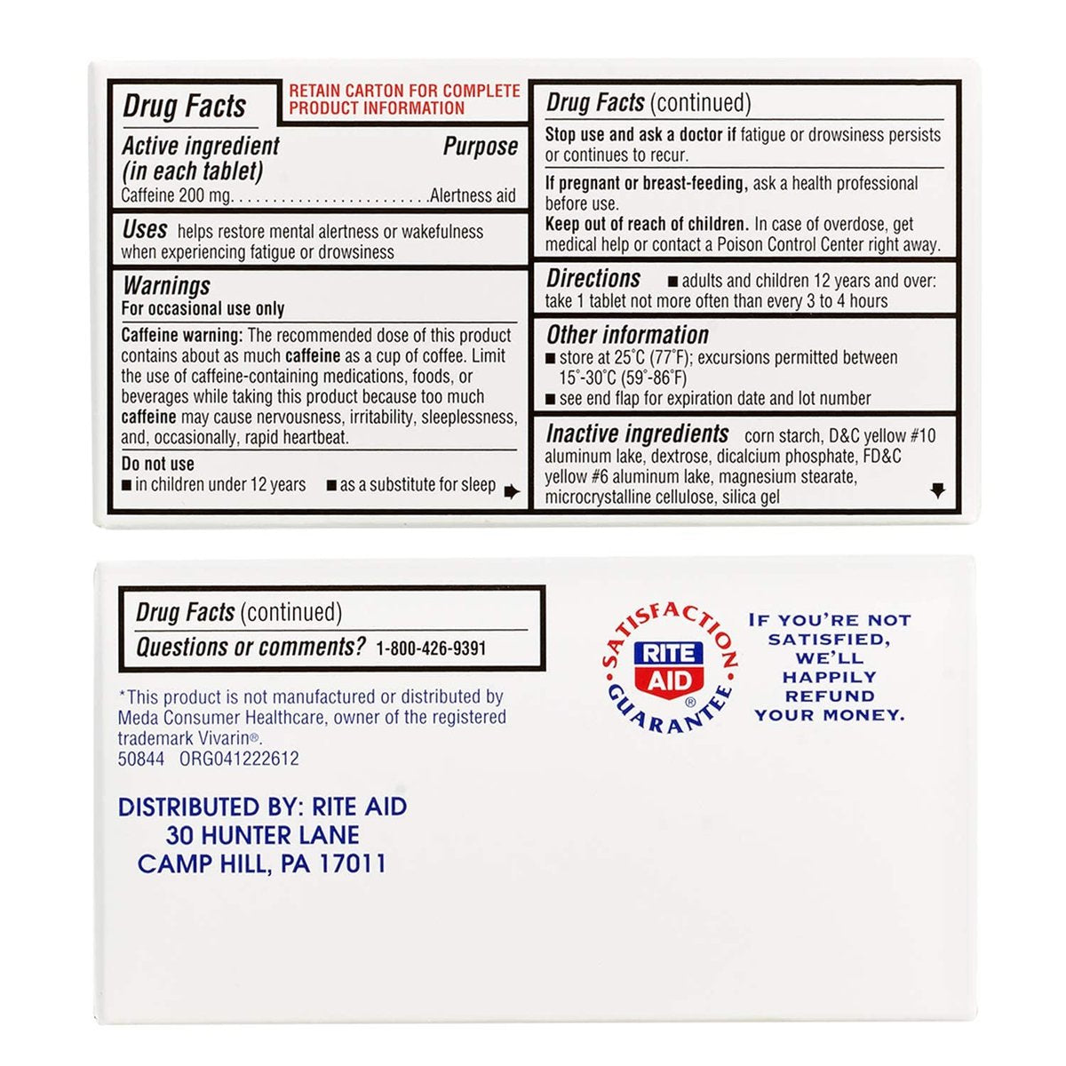 Rite Aid Stay Awake Tabletten Koffein, 200 mg – 100 Tabletten | Koffeinpillen | Koffeinpräparat | 200 mg Koffein Tabletten | Entspricht etwa einer Tasse Kaffee | Unterstützung der geistigen Wachheit | Energiepillen