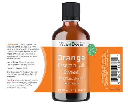 Viva Doria Orangenöl, 100% rein, natürlich, süßes Orangenöl, unverdünnt, für Aromatherapie | Lebensmittelecht, 118 ml (4 Fl Oz)