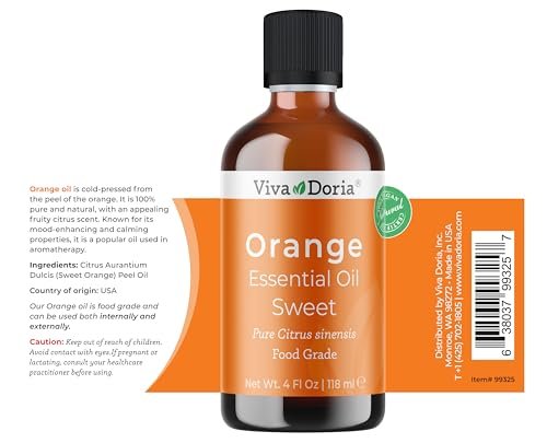 Viva Doria Orangenöl, 100% rein, natürlich, süßes Orangenöl, unverdünnt, für Aromatherapie | Lebensmittelecht, 118 ml (4 Fl Oz)
