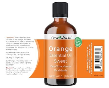 Viva Doria Orangenöl, 100% rein, natürlich, süßes Orangenöl, unverdünnt, für Aromatherapie | Lebensmittelecht, 118 ml (4 Fl Oz)