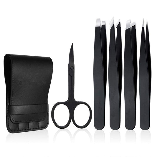 5-teiliges Pinzetten-Set aus Edelstahl – Professionelle Präzisionspinzette mit gebogener Schere, für Augenbrauen, Splitter & eingewachsene Haare, inkl. Ledertasche (Schwarz)