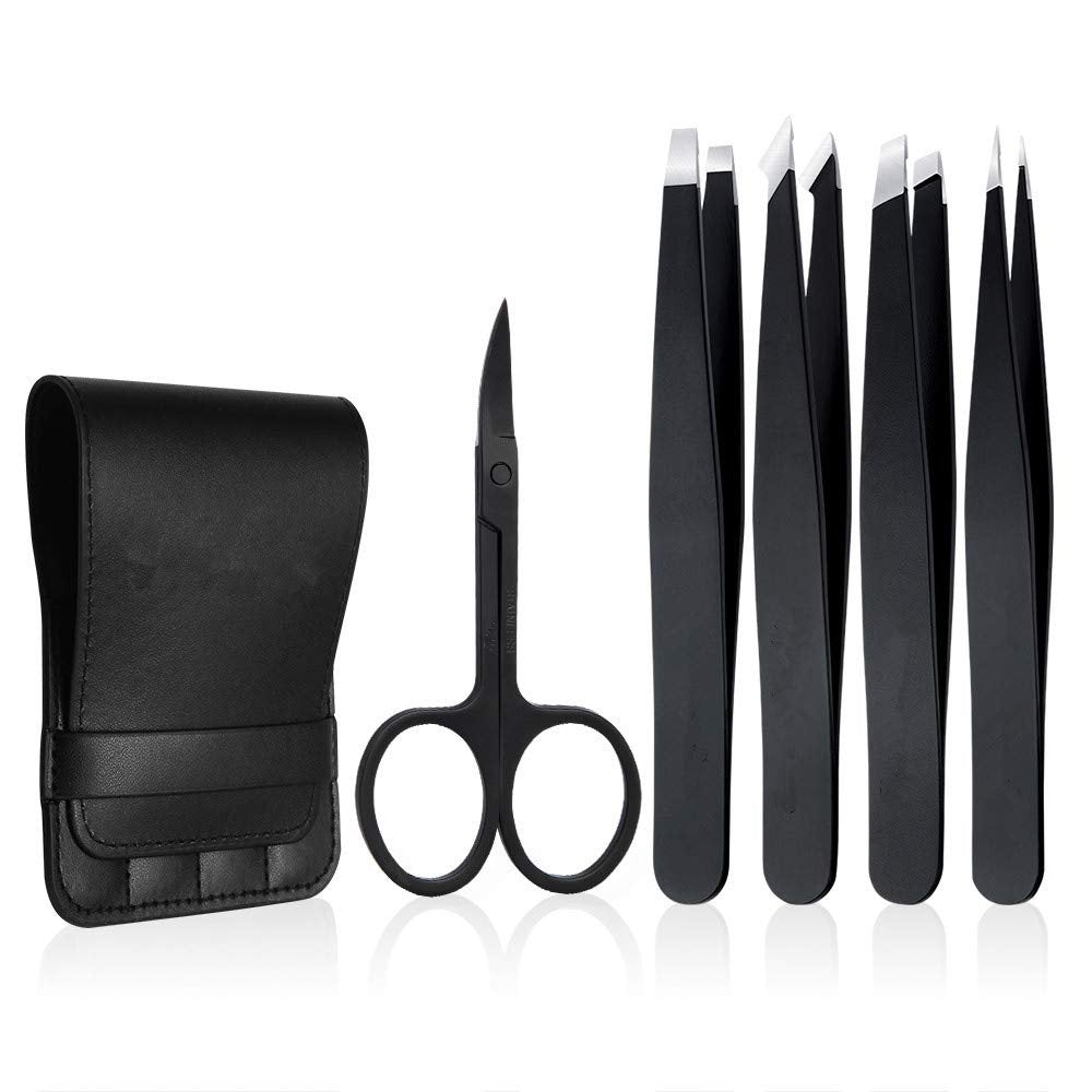 5-teiliges Pinzetten-Set aus Edelstahl – Professionelle Präzisionspinzette mit gebogener Schere, für Augenbrauen, Splitter & eingewachsene Haare, inkl. Ledertasche (Schwarz)