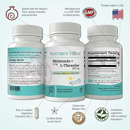 Nature's Trove Melatonin 3mg + L-Theanin 200mg – Ruhe und Entspannung – 120 koschere vegetarische Kapseln