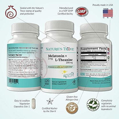 Nature's Trove Melatonin 3mg + L-Theanin 200mg – Ruhe und Entspannung – 120 koschere vegetarische Kapseln