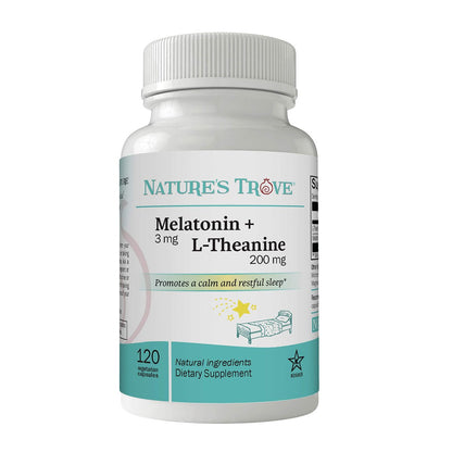 Nature's Trove Melatonin 3mg + L-Theanin 200mg – Ruhe und Entspannung – 120 koschere vegetarische Kapseln