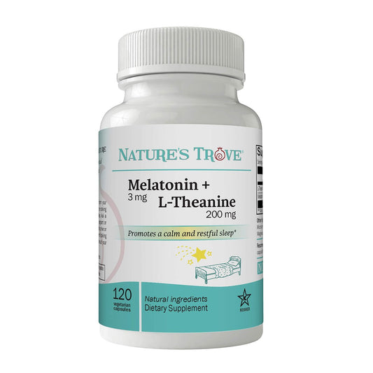 Nature's Trove Melatonin 3mg + L-Theanin 200mg – Ruhe und Entspannung – 120 koschere vegetarische Kapseln
