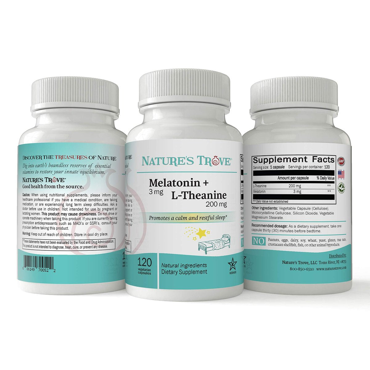 Nature's Trove Melatonin 3mg + L-Theanin 200mg – Ruhe und Entspannung – 120 koschere vegetarische Kapseln