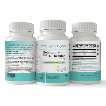 Nature's Trove Melatonin 3mg + L-Theanin 200mg – Ruhe und Entspannung – 120 koschere vegetarische Kapseln