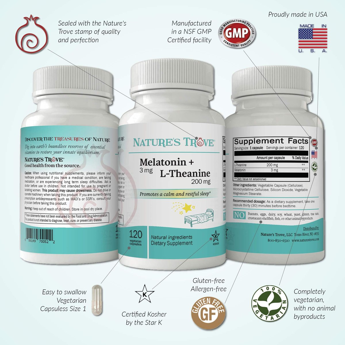 Nature's Trove Melatonin 3mg + L-Theanin 200mg – Ruhe und Entspannung – 120 koschere vegetarische Kapseln