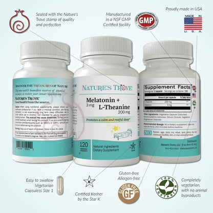 Nature's Trove Melatonin 3mg + L-Theanin 200mg – Ruhe und Entspannung – 120 koschere vegetarische Kapseln