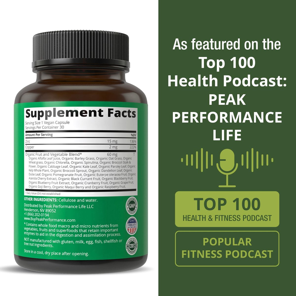 Peak Performance Zink mit Kupfer + Vollwertmischung aus 25 Gemüse- und Obstsorten für maximale Absorption – Immununterstützung – Kapseln für Männer & Frauen, 30 Portionen