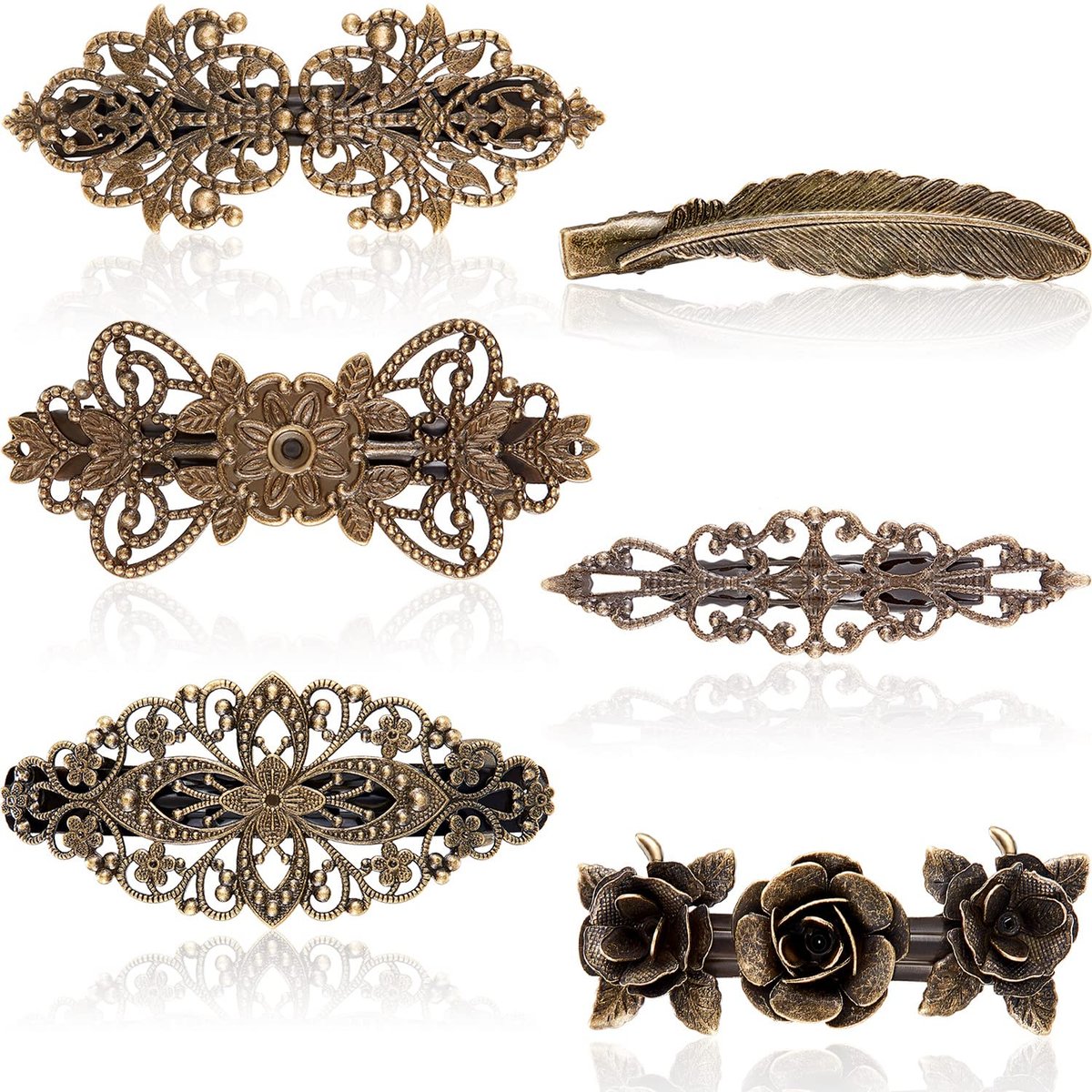 WILLBOND 6er-Pack Vintage Haarspangen für Damen – Retro Französische Blumen Haarclips aus Metall mit Bronze- und Rosenfinish, Feder- und Blumendekor