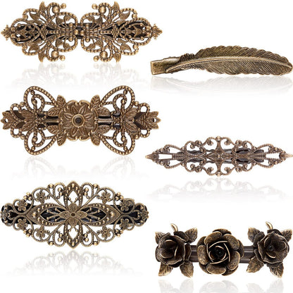 WILLBOND 6er-Pack Vintage Haarspangen für Damen – Retro Französische Blumen Haarclips aus Metall mit Bronze- und Rosenfinish, Feder- und Blumendekor