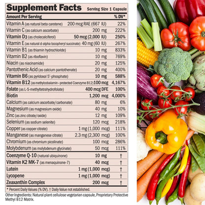 ANDREW LESSMAN Essential-1 Multivitamin mit 2000 IE Vitamin D3, 30 kleine Kapseln – 100 µg Methyl B12, CoQ10, Lutein, Lycopin, Zeaxanthin. Hochdosiert. Ohne Zusätze. Ultra-mild. Eine Kapsel täglich.