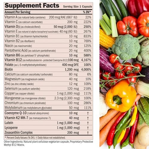 ANDREW LESSMAN Essential-1 Multivitamin mit 2000 IE Vitamin D3, 30 kleine Kapseln – 100 µg Methyl B12, CoQ10, Lutein, Lycopin, Zeaxanthin. Hochdosiert. Ohne Zusätze. Ultra-mild. Eine Kapsel täglich.