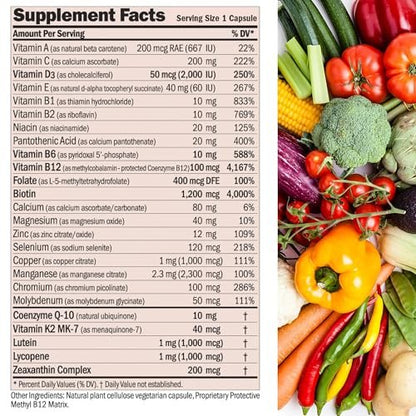 ANDREW LESSMAN Essential-1 Multivitamin mit 2000 IE Vitamin D3, 30 kleine Kapseln – 100 µg Methyl B12, CoQ10, Lutein, Lycopin, Zeaxanthin. Hochdosiert. Ohne Zusätze. Ultra-mild. Eine Kapsel täglich.