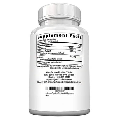 MaxX Labs D-Mannose Kapseln 1400 mg – Hochdosiert mit Cranberry-Extrakt & Hibiskus für die Blasengesundheit, Unterstützung bei Harnwegsinfektionen – 120 Kapseln