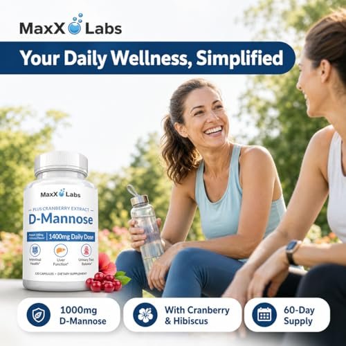 MaxX Labs D-Mannose Kapseln 1400 mg – Hochdosiert mit Cranberry-Extrakt & Hibiskus für die Blasengesundheit, Unterstützung bei Harnwegsinfektionen – 120 Kapseln