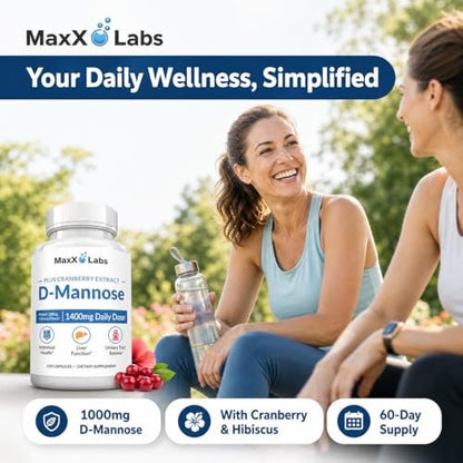 MaxX Labs D-Mannose Kapseln 1400 mg – Hochdosiert mit Cranberry-Extrakt & Hibiskus für die Blasengesundheit, Unterstützung bei Harnwegsinfektionen – 120 Kapseln